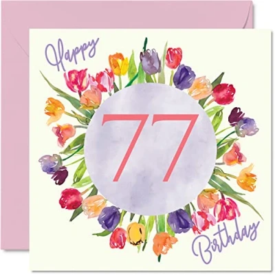 Afbeelding van mooie 77e verjaardagskaarten voor vrouwen aquarel tulpen bloemen boeket gelukkige verjaardagskaart haar oma oppas Gran moeder verjaardagscadeaus, 145 mm x wenskaarten cadeau