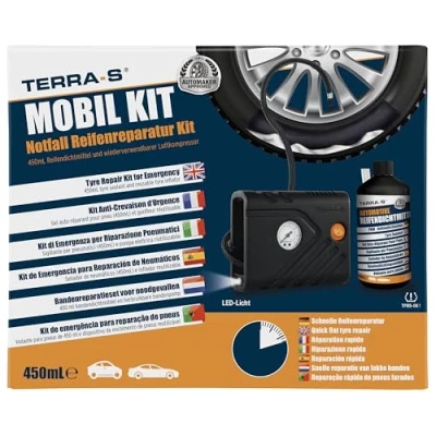 Afbeelding van TERRA S T56000 bandenreparatieset, mobiele kit, nooduitrusting, met afdichtmiddel en bandenpomp, geschikt voor auto&#039;s andere auto&#039;s, reparatie in 15 minuten