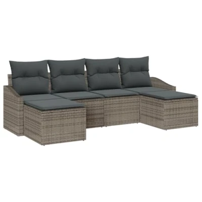 Afbeelding van vidaXL 6 delige tuin eettafelset met kussens Grijs Poly Rattan