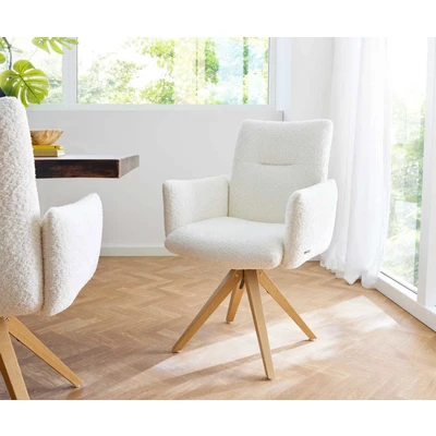 Afbeelding van DELIFE Draaistoel Jova Flex met armleuning bouclé wit houten frame hoekig natuur pocketveer kern 180 draaibaar