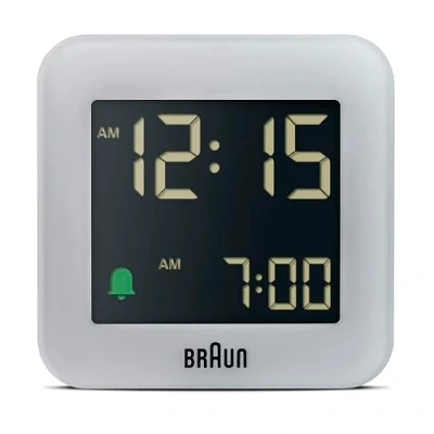Afbeelding van Braun Digital Travel Alarm Clock with Snooze, Compact Size, Negative LCD Display, Quick Set,Crescendo Beep in Grey, model BC08G.