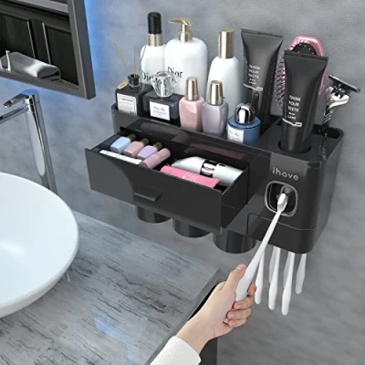 Afbeelding van iHave Tandenborstelhouders voor badkameropslag, 3 kopjes tandenborstelhouder wandmontage met automatische tandpasta dispenser, grote capaciteit tandenborstelhouder, badkameraccessoireset