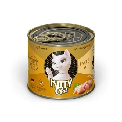 Afbeelding van KITTY Cat Paté Kip, 6 x 200 g, natvoer voor katten, graanvrij kattenvoer met taurine, zalmolie en groenlipmossel, volledig voer een hoog vleesgehalte, Made in Germany