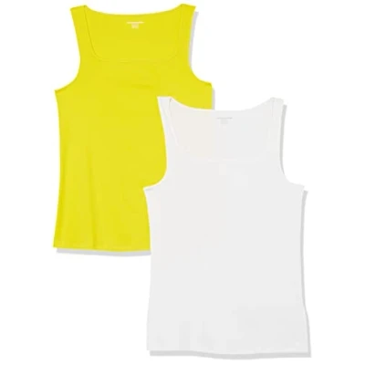 Afbeelding van Amazon Essentials Tanktop voor dames, slimfit, vierkante hals, 2 stuks, wit/citroengeel, XXL