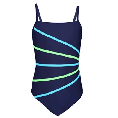 Afbeelding van Aquarti Meisjes Badpak met Spaghettibandjes en Strepen, Donkerblauw/Strepen Neongroen/Lichtblauw, 152
