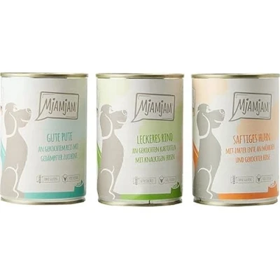 Afbeelding van MjAMjAM premium natvoer voor honden gemengd pakket I kip &amp; eend, rund, kalkoen, pak van 6 (6 x 400 g), naturel met extra vlees