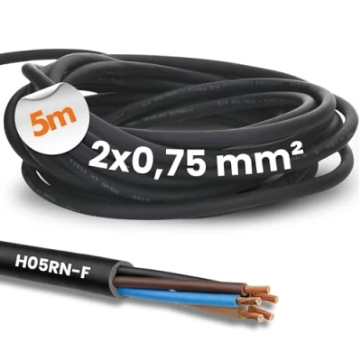 Afbeelding van 5 meter Kalitec H05RN F 2 x 0,75 mm² rubberen kabel zonder beschermgeleider voor buiten, elektrische kabel, zwarte bouwplaatkabel flexibel, UV en oliebestendig, aansluitkabel,