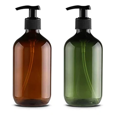 Afbeelding van Yibang Set van 2 pompflessen 500 ml, plastic zeepdispenser, navulbare container voor etherische oliën, lotions, shampoo, conditioner (bruin/groen)