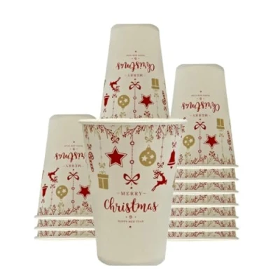 Afbeelding van Mecup Kerstbekers van papier, biologisch afbreekbaar, wegwerpbekers, 200 ml, wegwerpbekers voor warme en koude dranken, kerstmotief, goudkleurig