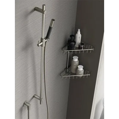 Afbeelding van HotBath Cobber glijstang 90cm met wandaansluitbocht 150cm doucheslang en staafhanddouche nikkel Geborsteld