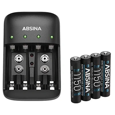 Afbeelding van ABSINA Acculader AA AAA &amp; 9V blok incl. 4x 1150 batterijen NiMH oplader batterij 4 voudig voor oplaadbare batterijlader met accu
