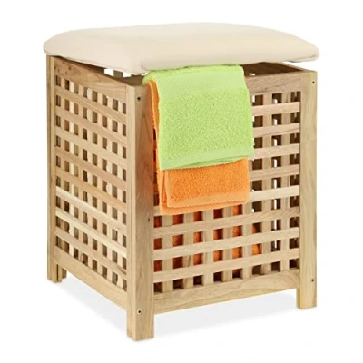 Afbeelding van Relaxdays wasmand met kruk 45 liter badkamerkruk opbergruimte wasbox deksel