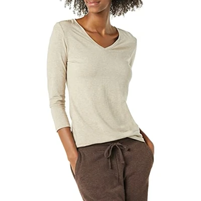 Afbeelding van Amazon Essentials Women&#039;s T shirt met driekwartmouwen en V hals in klassieke pasvorm (verkrijgbaar grote maten), Bruin, XL