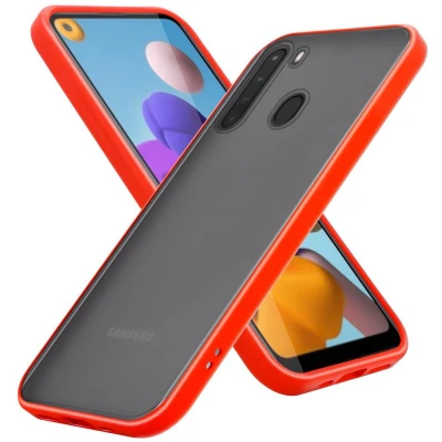 Afbeelding van Cadorabo Hoesje geschikt voor Samsung Galaxy A21 in Mat Rood Zwarte Knopen Hybride beschermhoes met TPU siliconen Case Cover binnenkant en matte plastic achterkant