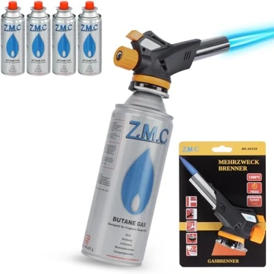 Afbeelding van Z.M.C Gasbrander 1,3 kW + 4 gaspatronen 227 g, flambeerbrander tot 1300 C, bunsenbrander, soldeerbrander, keukenbrander met instelbare vlam