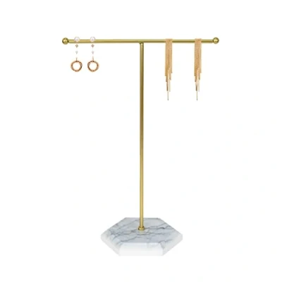 Afbeelding van Naapesi Sieradenorganisator, T Bar Ketting Display Stand Oorbellen Houder, Metalen Hangende Hanger Rack met Marmeren Patroon Lade, Sieraden voor Armbanden Ringen Sleutels Horloges (Wit+Goud)