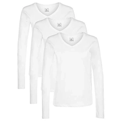 Afbeelding van Berydale Dames T shirt met lange mouwen en V hals, gemaakt van 100% katoen, Wit, set 3, L