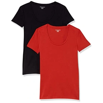 Afbeelding van Amazon Essentials Dames Classic Fit T shirt met korte mouwen en ronde hals (verkrijgbaar in grote maten), 2 stuks, zwart/baksteenrood, L