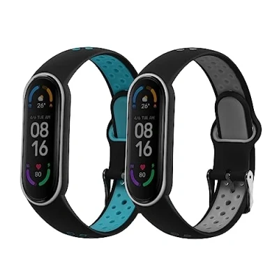 Afbeelding van kwmobile 2x horlogebandjes geschikt voor Xiaomi Mi Smart band 6 / 5 bandje Smartwatch bandjes van TPU Activity tracker horloge in zwart grijs blauw