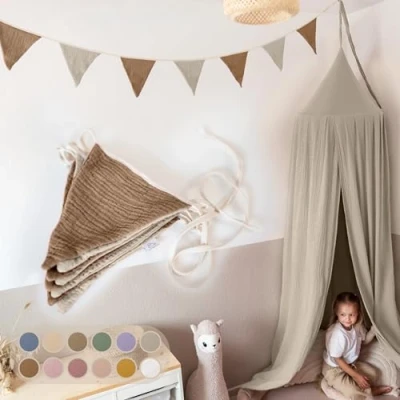 Afbeelding van LILIMAUS Vlaggenketting van stof, voor de kinderkamer, 100% katoen, handgemaakte slinger, mousseline, huisbed, decoratie meisjes en jongens, slinger babykamer