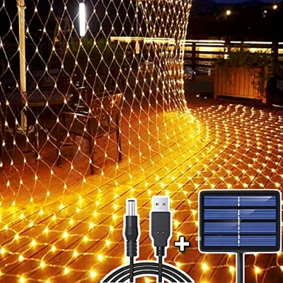Afbeelding van lichtsnoer op zonne energie, 204 leds, 3 m x 2 m, energie/USB, oplaadbaar, balkon, hek, verlichting, touw, fee, waterdicht, romantisch, decoratie, Kerstmis, warm wit