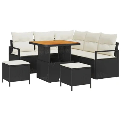 Afbeelding van vidaXL 8 delige Tuin Sofa Set met Kussens Zwart Poly Rattan Acacia, 2 Zits Rattan, 3 Eetset Acacia