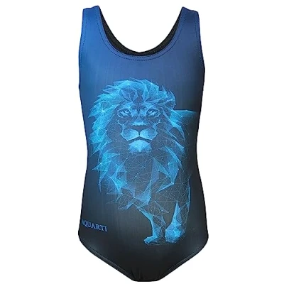 Afbeelding van Aquarti Meisjes Badpak met Racerback en Dolfijn Print, Leeuw Blauw/Zwart, 140