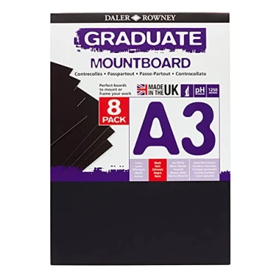 Afbeelding van Daler Rowney Graduate Cream Core A3 Mountboard Pack, 8 x zwart glad oppervlak, 1,25 mm dik, ideaal voor student kunstenaars en hobbyisten