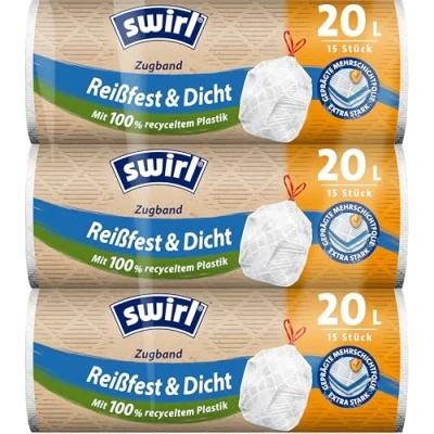 Afbeelding van Swirl Scheurvaste en dichte vuilniszakken met trekkoord, 20 liter, 3 multipack 45 zakken, extra sterk, druppelvrij