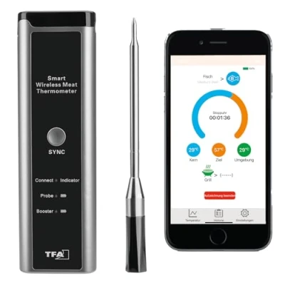 Afbeelding van TFA Dostmann Draadloze vleesthermometer Smart BBQ 70 m, 14.1515.10, grillthermometer, voor grill/oven/heteluchtfriteuse, vaatwasmachinebestendig, braadthermometer, keukenkok, zwart grijs