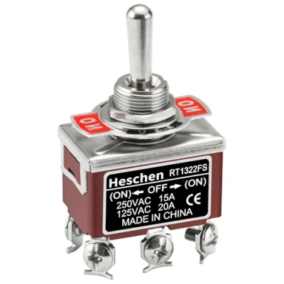 Afbeelding van Heschen Tijdelijke DPDT tuimelschakelaar van metaal (aan/uit) 3 standen 15 A, 250 volt AC, CE