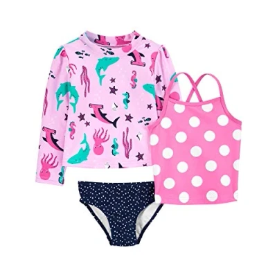 Afbeelding van Simple Joys by Carter&#039;s 3 delige set rashguard sets voor meisjes, Marineblauwe stippen/roze stippen/zeeleven, 6 Months