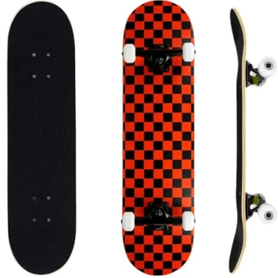 Afbeelding van ERNAN compleet skateboard voor beginners, 80 x 20 cm, skateboard, concaaf Double Kick Deck met 7 lagen volwassenen, jongens, meisjes (Black Red)