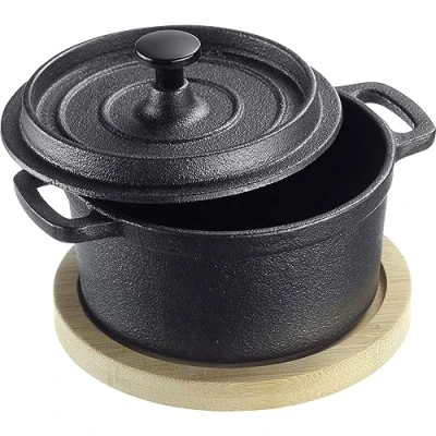 Afbeelding van Westmark gietijzeren pan Tapas + Friends kleine met deksel, geschikt voor alle soorten fornuizen, inclusief inductie en grill, incl. bamboe onderzetter ijzer, 250ml
