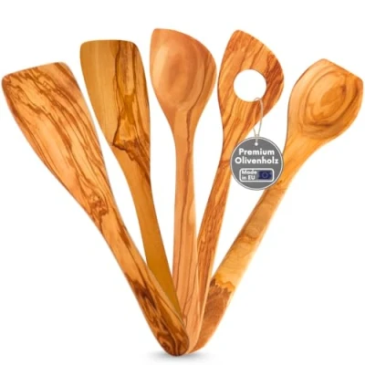 Afbeelding van TOPANBIETER 999 5 delig Premium kooklepelset set Made in Germany 3 kooklepels + 2 spatels, duurzaam olijfhout, &amp; antibacterieel, keukenhulpset H 30/32 cm