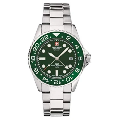 Afbeelding van Swiss Alpine Military GMT Herenhorloge, analoog, kwarts, roestvrij staal 7052, Staal/groen/groen 1134sam, Armband