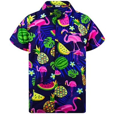 Afbeelding van Funky Hawaiiaans Overhemd, Hawaii Korte Mouw, Flamingo Melon, Blauw, XL