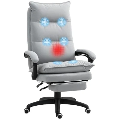 Afbeelding van Vinsetto bureaustoel met massagefunctie, ergonomische lig en draaifunctie, in hoogte verstelbaar, computerstoel voetensteun, afstandsbediening timer, lichtgrijs