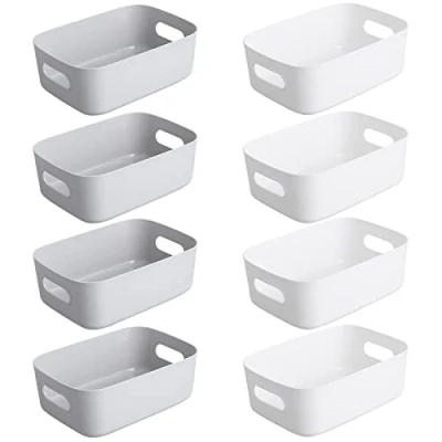 Afbeelding van Bgfuni Set van 8 kleine plastic opbergmanden voor kantoor, thuis of keuken, opgeruimde organizer, witte studio opbergmanden, manden opslag, plankmanden, 20 x 14 7,5 cm
