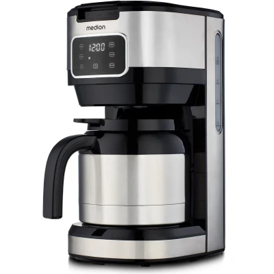 Afbeelding van MEDION koffiezetapparaat met thermoskan en timer (filterapparaat, 10 kopjes, 1,25 liter, 900 watt, timer, antilekfunctie, display, MD11019) roestvrij staal