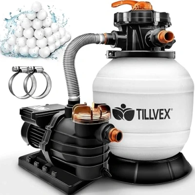 Afbeelding van tillvex Zandfiltersysteem 13.200L/h tot 40.000L + 1200g Filterkogels Zandfilterinstallatie 7 weg ventiel &amp; Adapter Ø32 38mm Zwembadfilter met drukweergave Zandfilter zwembad (Wit/Oranje)