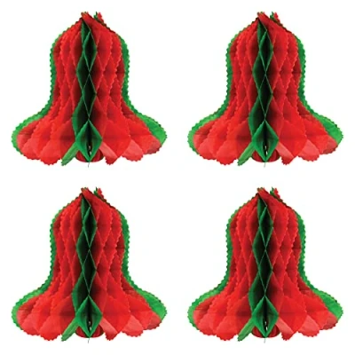 Afbeelding van Beistle Honingraat tissuepapier klokken 4 stuks kerstdecoraties winter feestbenodigdheden, 30,5 cm, rood/groen