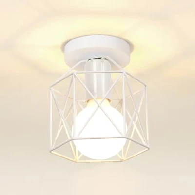 Afbeelding van iDEGU Vintage industriële plafondlamp met metalen kooi, zeshoekig, hanglamp, geometrisch design, E27 voor slaapkamer, café, restaurant, hal, gang, 15 cm, wit