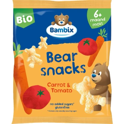 Afbeelding van Bambix Bearsnacks Wortel &amp; Tomaat 6M+ Multi verpakking 6x180GR