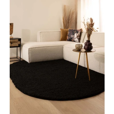 Afbeelding van Ovaal Hoogpolig Tapijt/Vloerkleed Shaggy Trend Effen Zwart 150x240 Cm