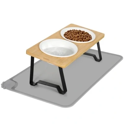 Afbeelding van Avmvnvc Verhoogde kattenkom, dubbele kom voor katten en honden, van keramiek, 15 graden gekanteld, set 2 kattenkommen voer water, met antislipmat, kattenbak kleine