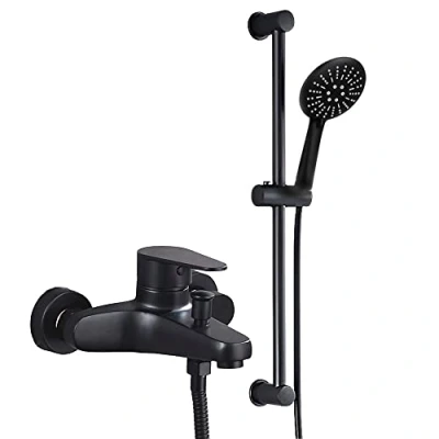 Afbeelding van Doucherailset mit Badkraan, wandmontage, douche met Handdouche en Douchekop Hoofddouche in Roestvrij Staal sus304 kleur zwart, accessoires voor wandmontage doucheslang 150 cm