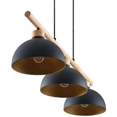 Afbeelding van Lindby hanglamp 3lichts ijzer, rubberboomhout E27 zwart, goud, hout licht