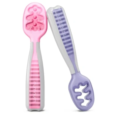 Afbeelding van NumNum Leerlepels voor baby&#039;s Set van 2 siliconen lepels (fase 1 + fase 2) #1 Aanbevolen door voedingsdeskundigen en experts in Baby Led Weaning Ideaal BLW (lila/roze)