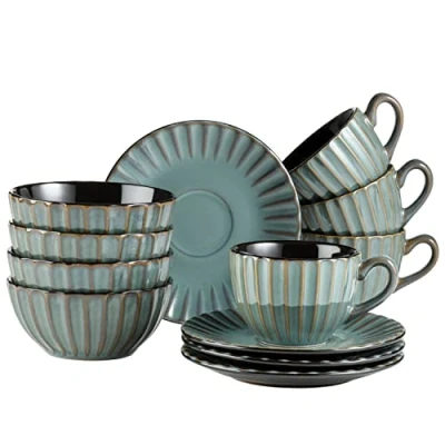 Afbeelding van MÄSER 931966 serie Confino serviesset voor 4 personen in moderne vintage look, 12 delig ontbijtservies van keramiek petrol met zwarte accenten, aardewerk